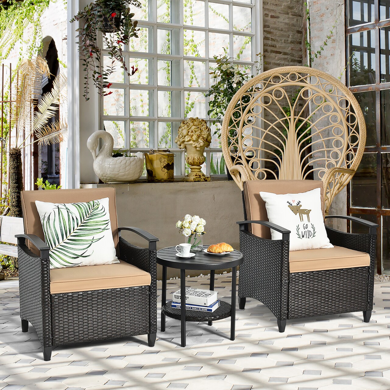 Costway 3PCS Patio Rattan Furniture Set Cushioned Sofa Storage